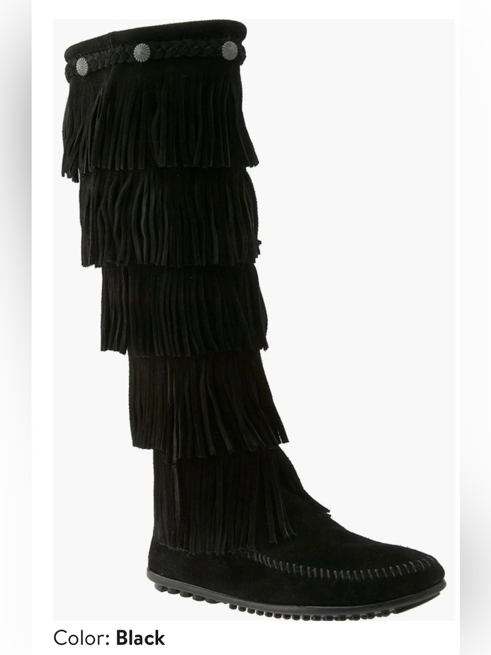 Minnetonka Five Layer Fringe Boot Black Leather Moccasin Boots Size 10